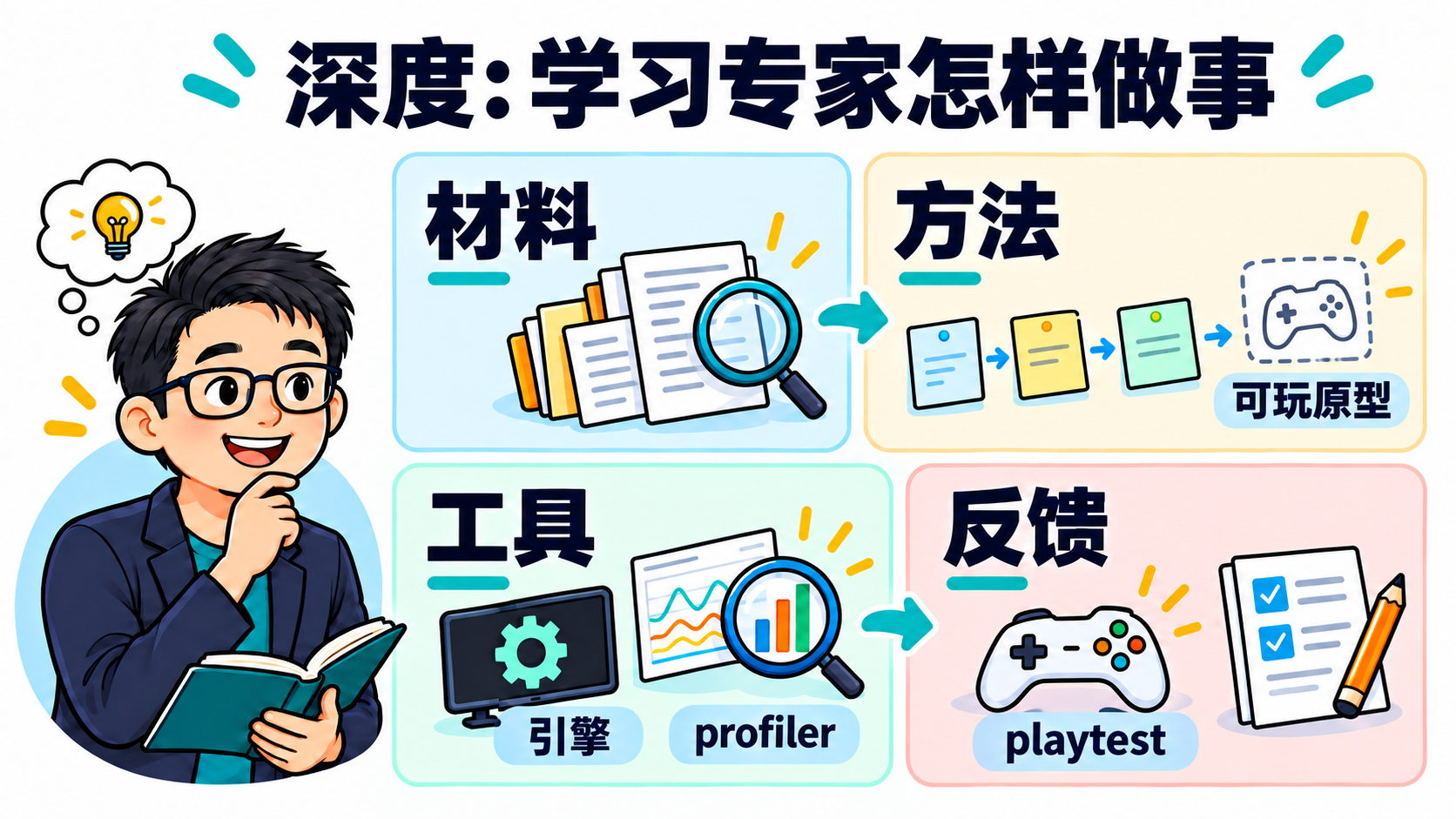 Martin 学习材料、方法、工具和反馈，并以引擎、profiler、playtest 和可玩原型说明游戏开发学习方向