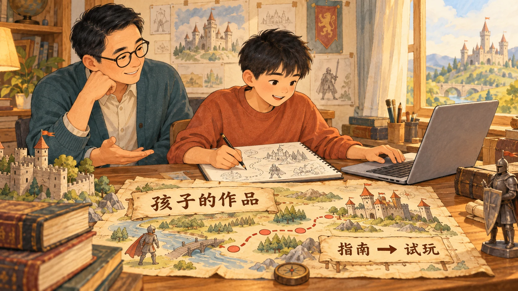 从孩子想做的作品出发 孩子绘制中世纪指南,父亲在旁倾听并讨论试玩路径