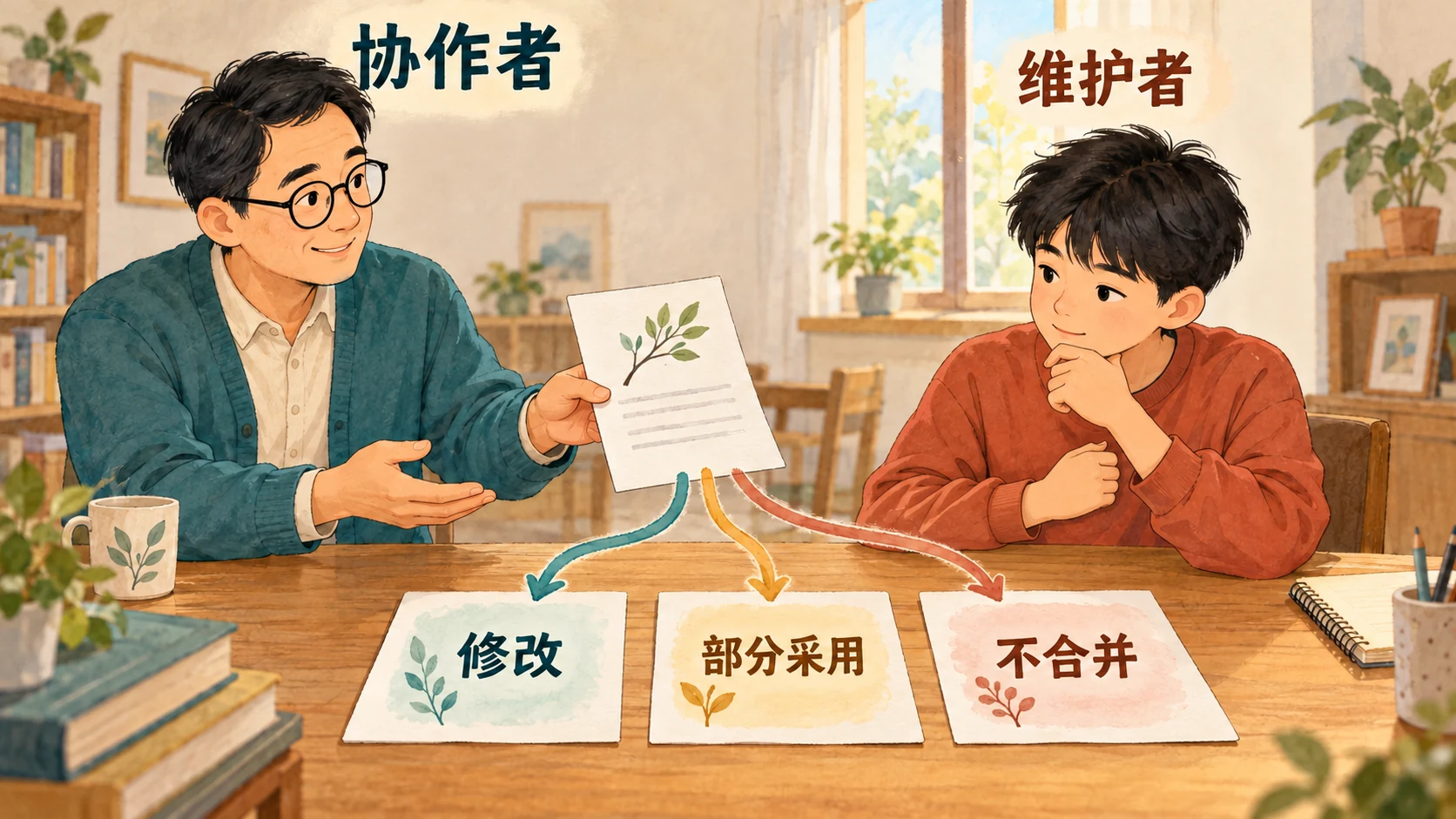 协作者提供方案,维护者决定采用方式 父亲递出方案,孩子保有修改、部分采用和不合并三种选择