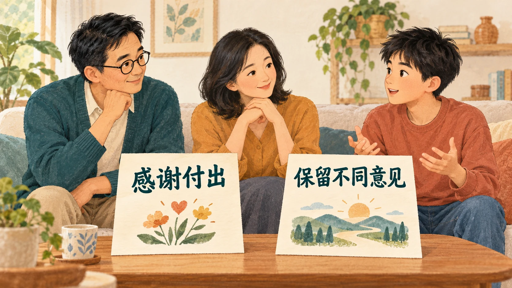 感谢与不同意见可以同时表达 一家人交谈,感谢付出与保留不同意见分别呈现