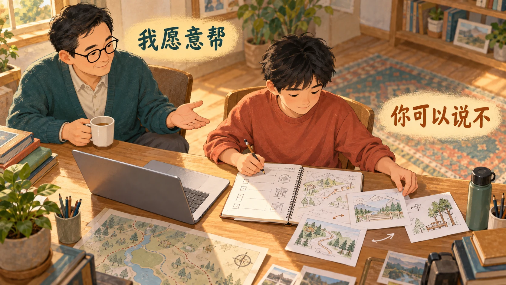继续帮忙,也留下试一试的余地 孩子自己修改方案,父亲在旁保持支持并留出空间