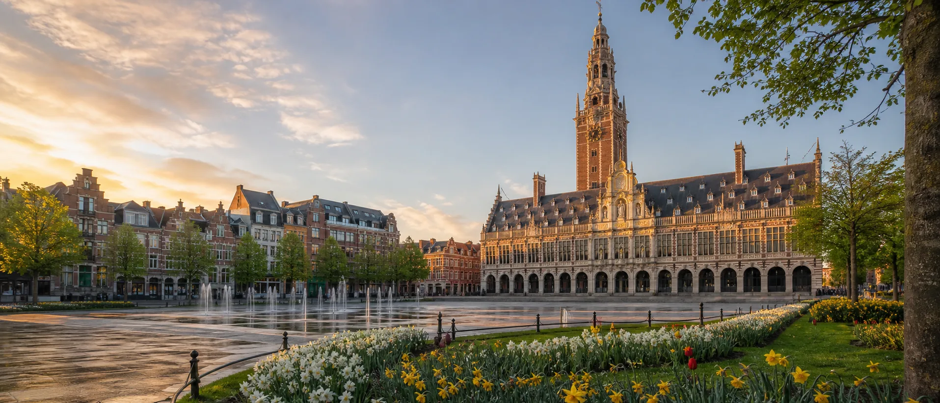 🖼 鲁汶城市横幅 | Grote Markt 或图书馆塔楼视角 | 五月晴天