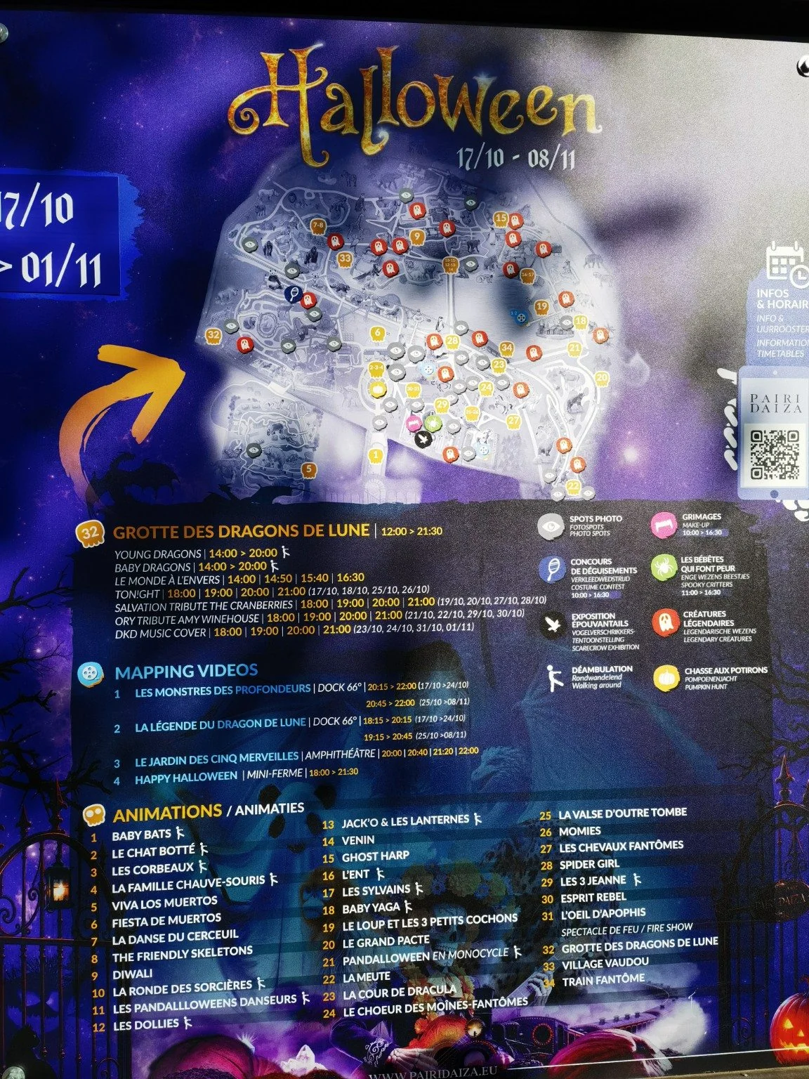 Halloween 节目地图上分别标出的黄色活动编号和蓝色投影编号