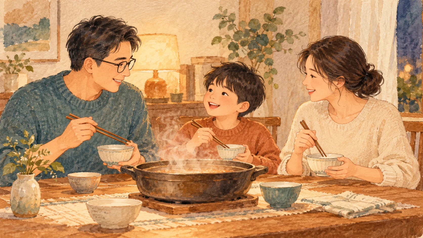 一家人围着热气腾腾的火锅吃晚饭，暖色手绘场景