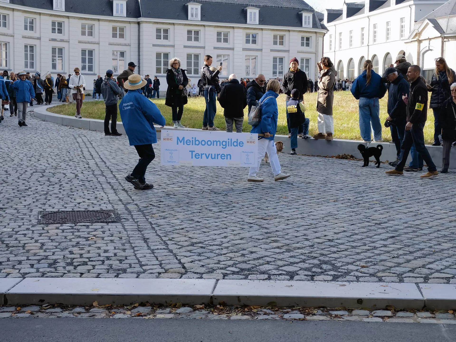 Panquin 广场前，蓝衣公会走在牵犬居民前方